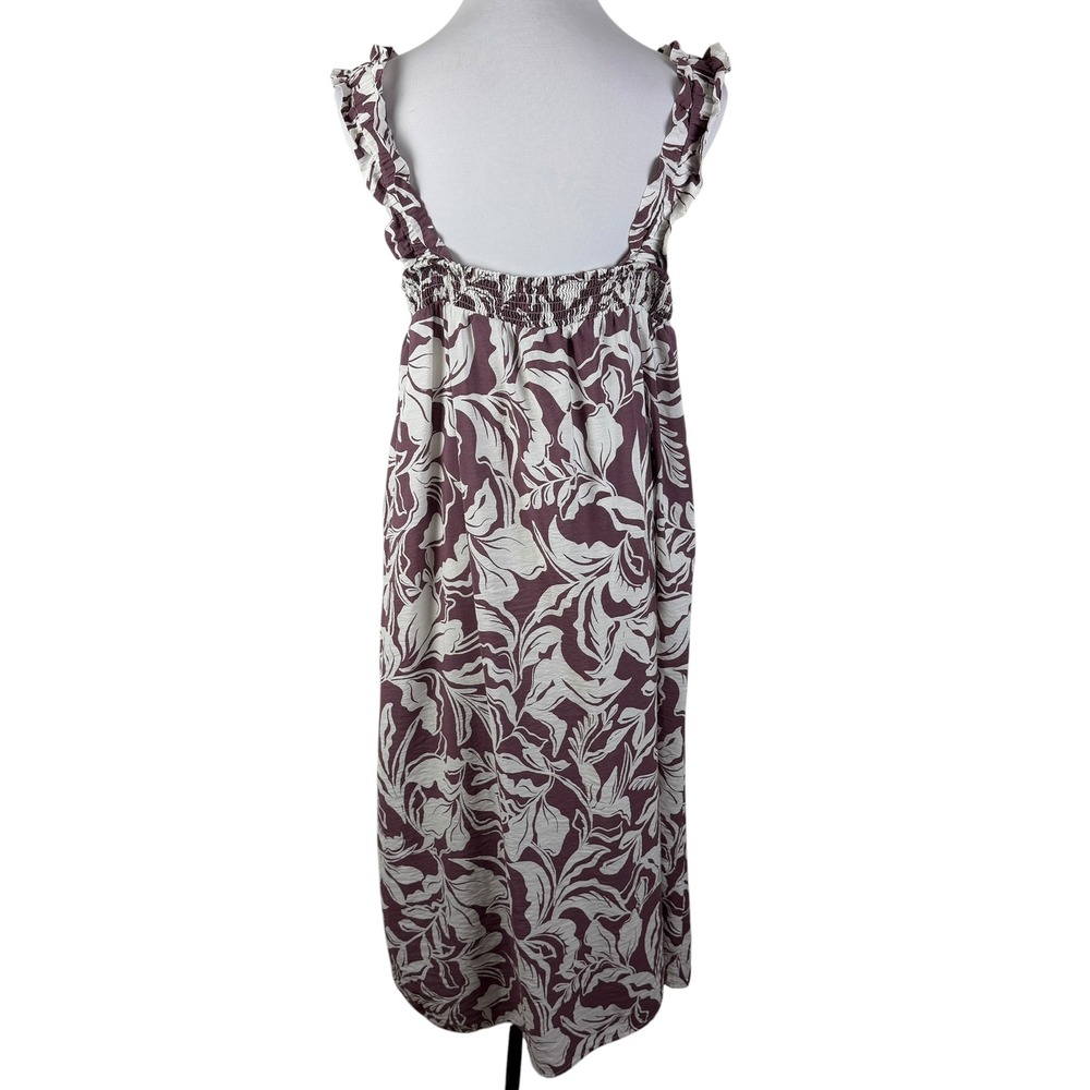A New Day Women's Large Floral Ruffle Strap‎ Smocked Midi Dress Plum Cream - Picture 3 of 8